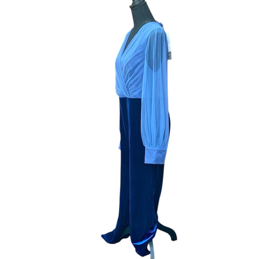 NWT Fehaute Royal Blue Mesh V Neck Long Sleeve Velvet Jumpsuit 10 - Picture 5 of 14